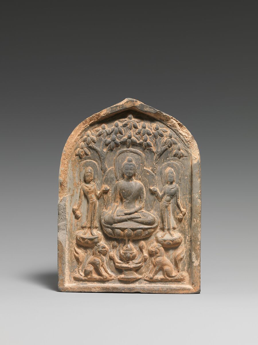 Plaque with Buddhist Triad, Earthenware with traces of pigment and gilding, China 