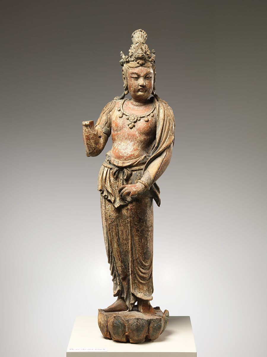 Bodhisattva Avalokiteshvara (Guanyin), Wood (wiillow) with traces of pigment; single woodblock construction, China 