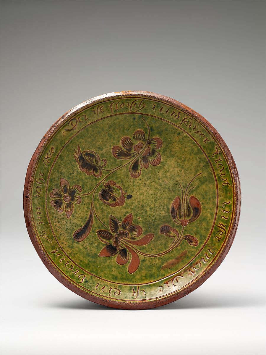 Plate, Attributed to John Neis (1785–1867), Earthenware; Redware with sgraffito decoration, American 