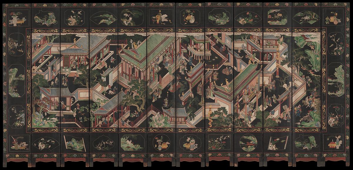 Palace Scene, Feng Langgong (Chinese,), Twelve-panel folding screen; wood, painted, lacquered and with gilt, China 