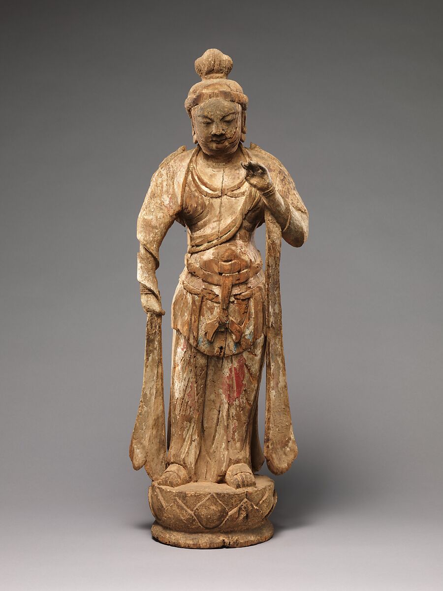 One of a Pair of Attendant Bodhisattvas, Wood (foxglove) with pigment, single-woodblock construction, China 