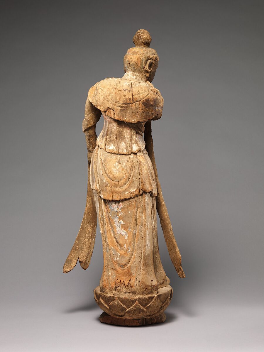 One of a Pair of Attendant Bodhisattvas, Wood (foxglove) with pigment, single-woodblock construction, China