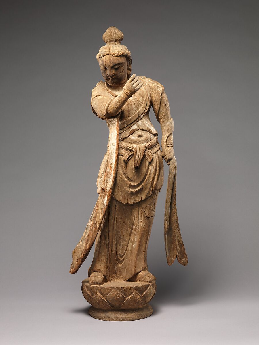 One of a Pair of Attendant Bodhisattvas, Wood (foxglove) with pigment, single-woodblock construction, China 