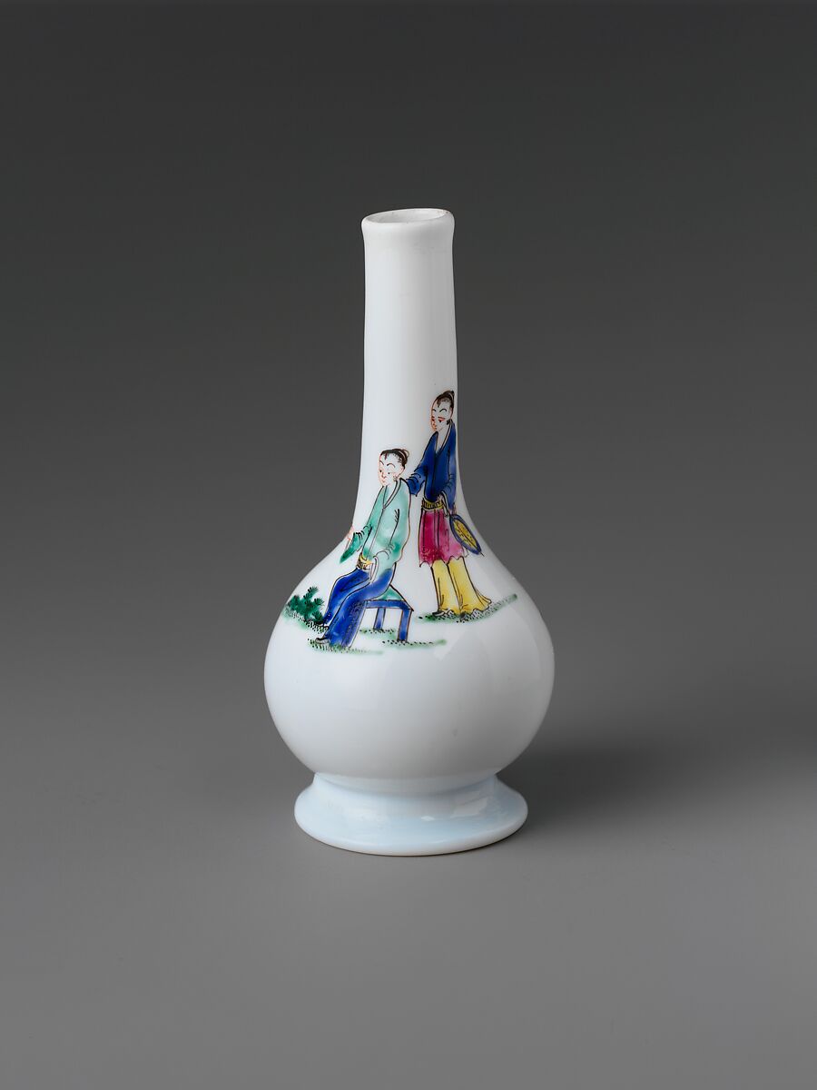 Bottle, Opaque glass with enamel decoration, British