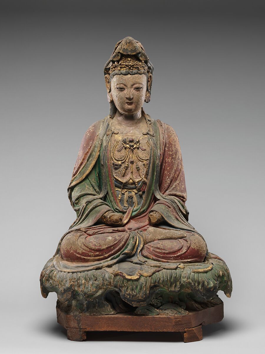 Figure seated on lotiform base, Stucco, China 