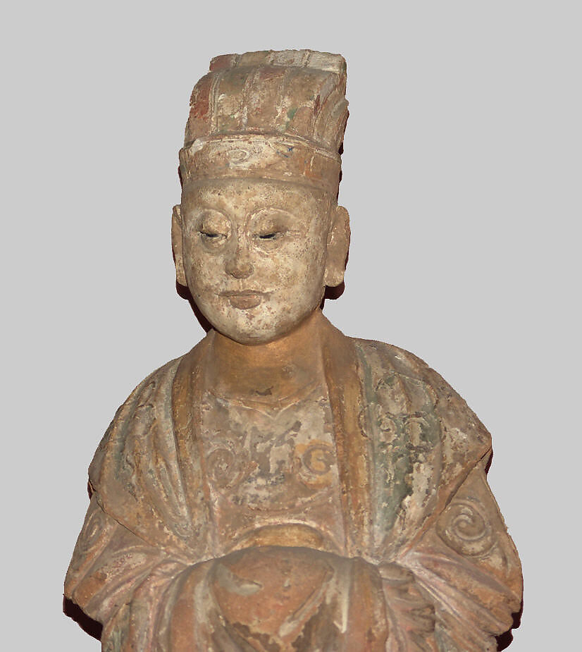 Standing Bodhisattva, Sunbaked mud, polychrome and gilt traces, China