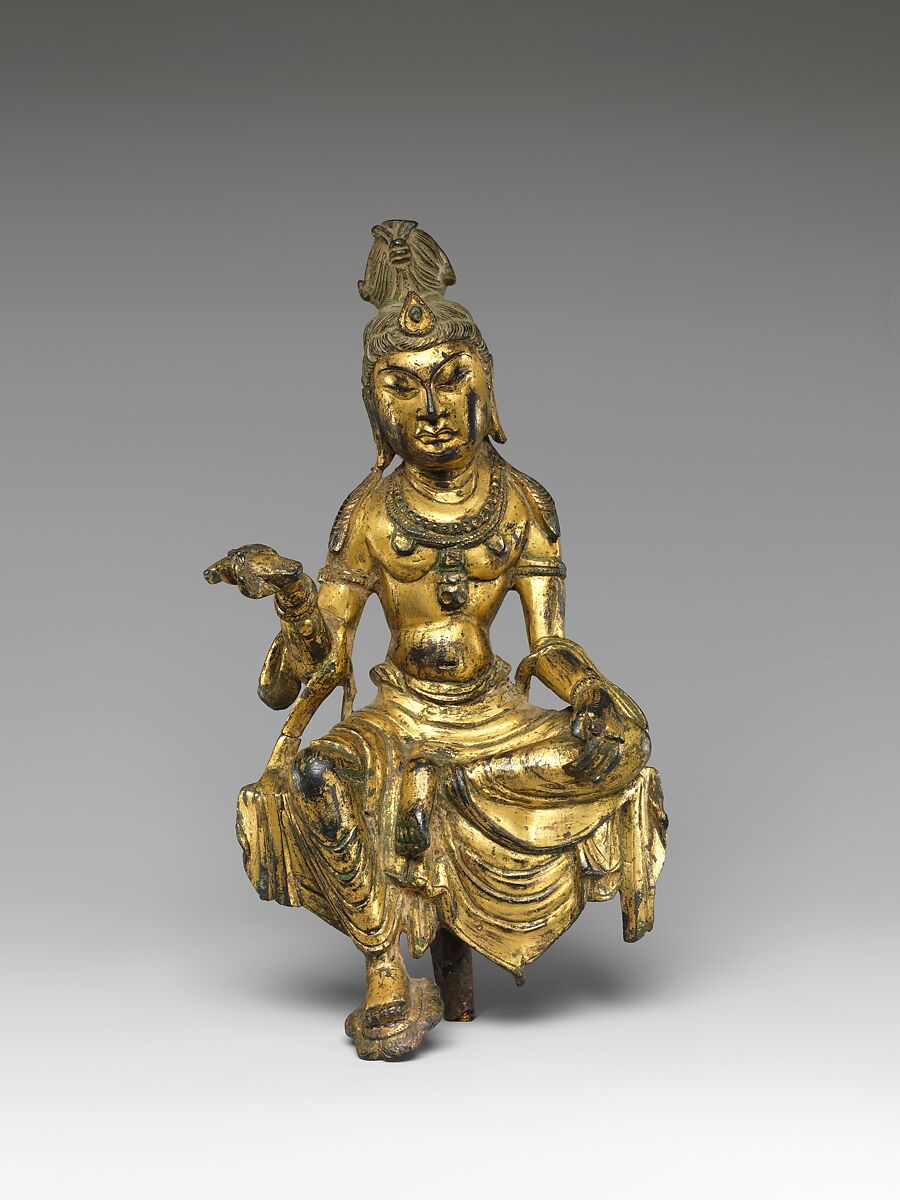 Seated bodhisattva, probably Manjushri (Wenshu), Gilt bronze, China 