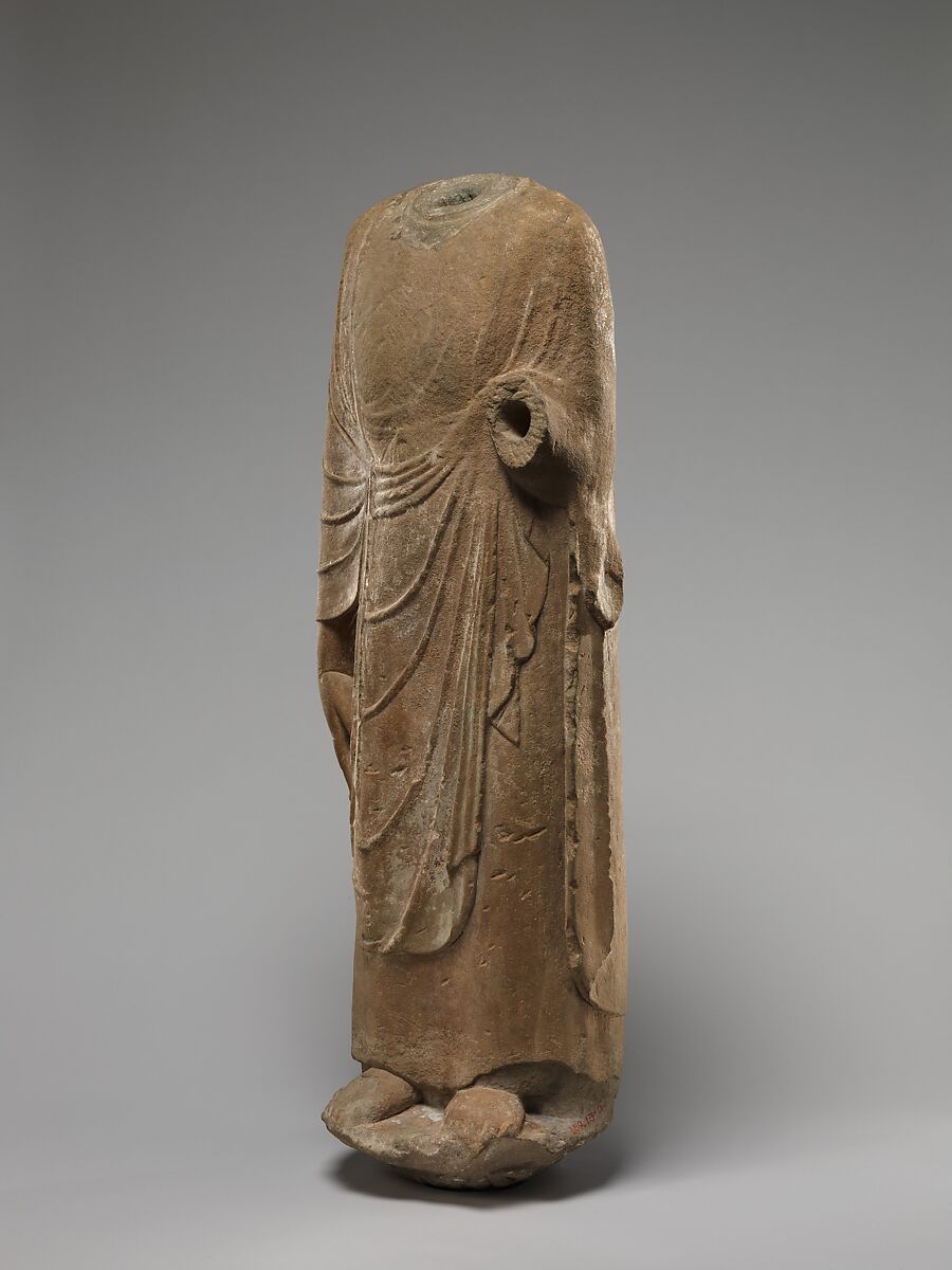 Buddhist attendant (possibly Kasyapa), Sandstone with traces of pigment, China