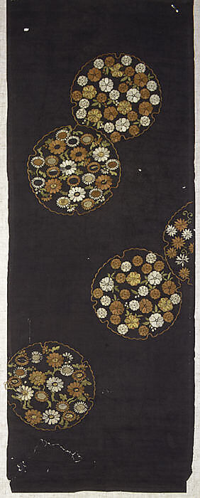 Piece from a Kosode with Pattern of Scattered Snow Roundels (Yukiwa) Filled with Small Flowers, Silk and metallic thread embroidery on silk satin, Japan 