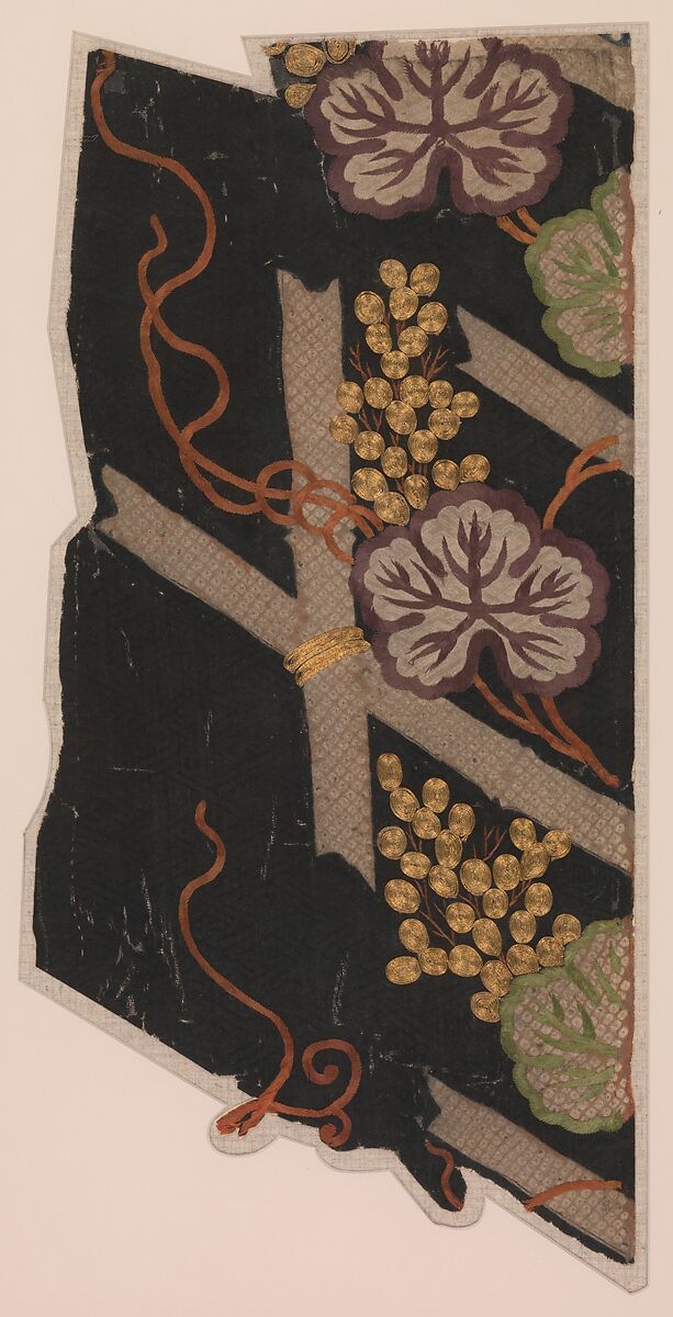 Pieces from a Robe (Kosode) with Pattern of Grapevine and Fence, Shibori-dyed silk satin damask (rinzu) embroidered with silk and metallic thread, Japan 