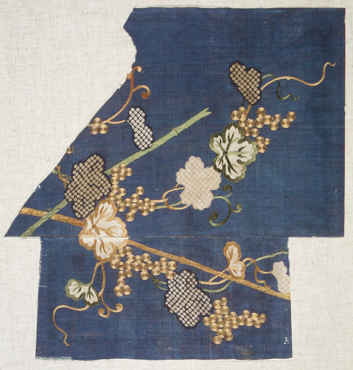 Fragments of a Summer Kosode (Katabira) with Grapevine, Shibori-dyed plain-weave bast fiber (asa) embroidered with silk and metallic thread, Japan 