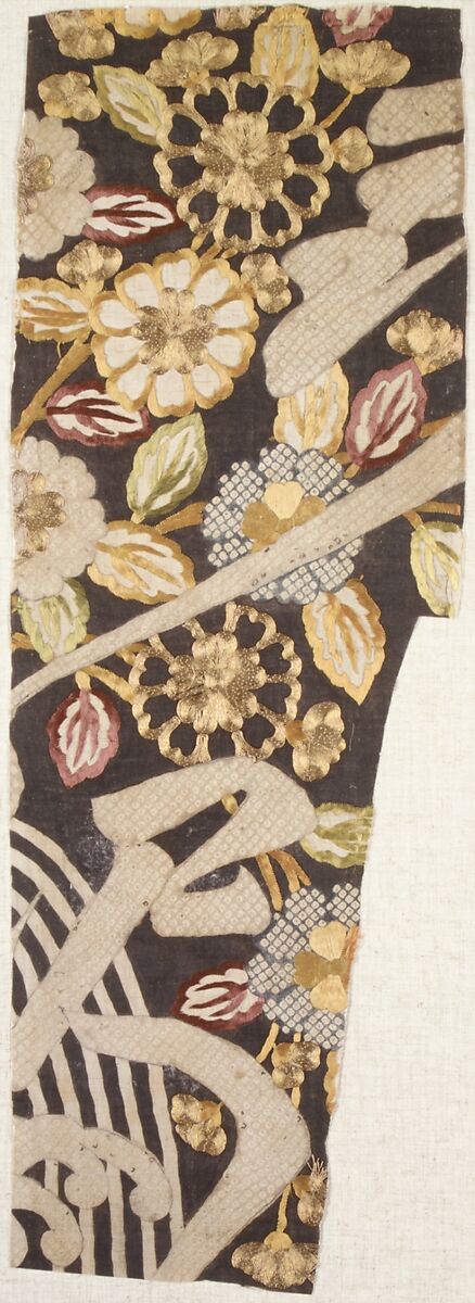 Piece from a Summer Kosode (Katabira) with Kerria Roses (Yamabuki), Flowing Water, and Partial Characters, Resist-dyed plain-weave bast fiber (asa) embroidered with silk and metallic thread, Japan 