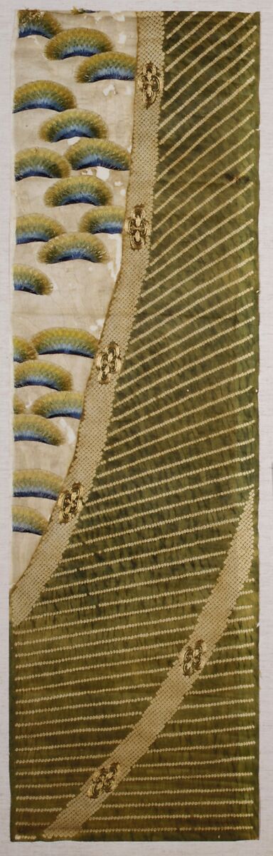 Kosode Fragment with Bamboo Curtain and Pines, Shibori-dyed silk satin (nume) embroidered with silk and metallic thread, Japan 