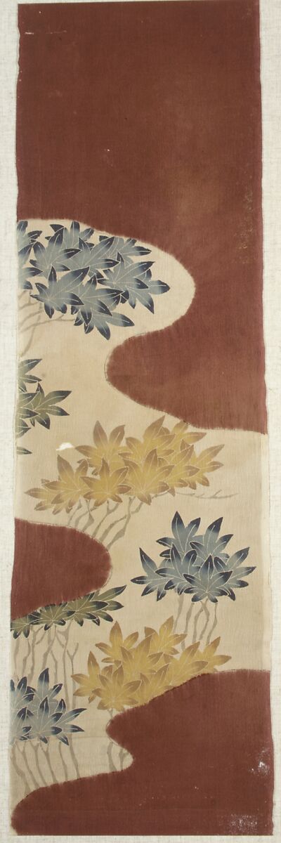Piece from a Robe (Kosode) with Pattern of Maple Leaves, Stitch- and paste-resist-dyed and painted silk crepe, Japan 