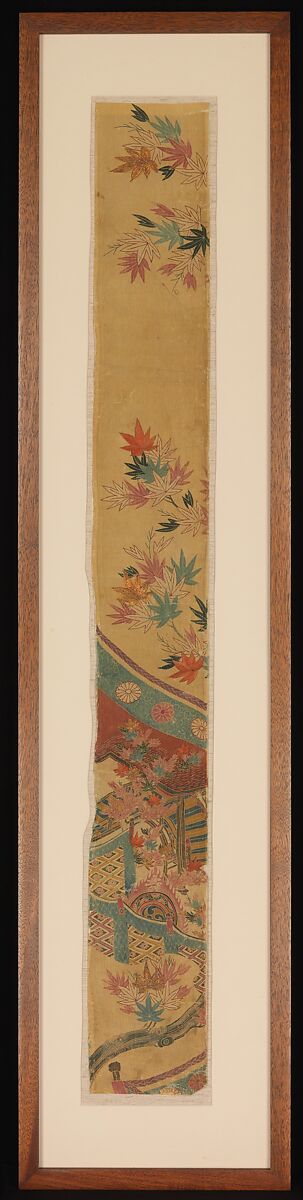 Piece from a Robe (Kosode) with Maple Leaves, Curtain, and Large Drum, Resist-dyed and painted (yūzen) silk crepe with details embroidered in silk and metallic thread, Japan 