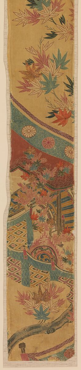 Piece from a Robe (Kosode) with Maple Leaves, Curtain, and Large Drum, Resist-dyed and painted (yūzen) silk crepe with details embroidered in silk and metallic thread, Japan