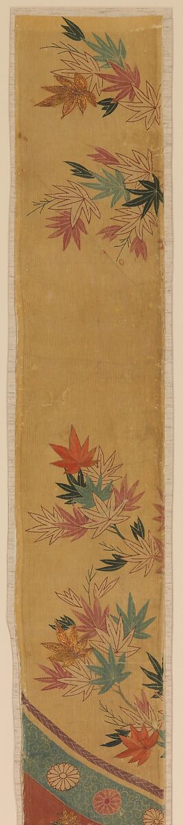 Piece from a Robe (Kosode) with Maple Leaves, Curtain, and Large Drum, Resist-dyed and painted (yūzen) silk crepe with details embroidered in silk and metallic thread, Japan