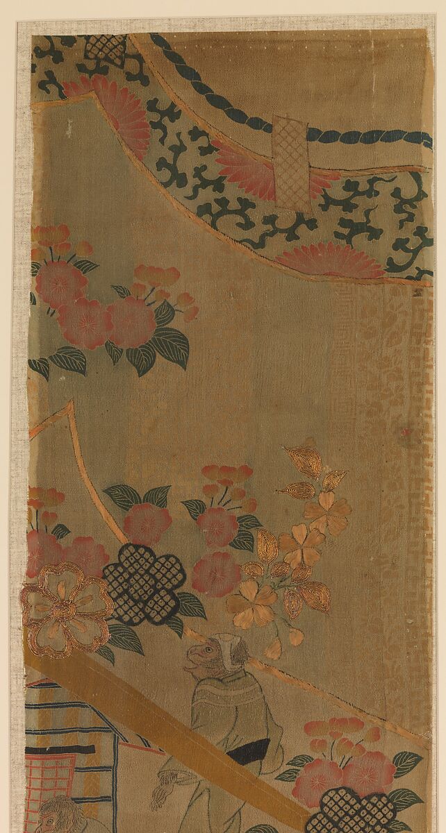 Piece from a Robe (Kosode) with Cherry Blossoms and Monkeys with Palanquin, Resist-dyed and painted silk crepe with details embroidered in silk and metallic thread, Japan