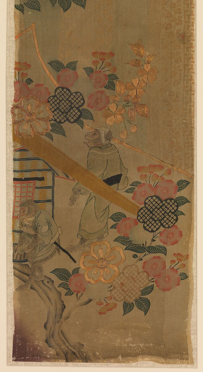 Piece from a Robe (Kosode) with Cherry Blossoms and Monkeys with Palanquin, Resist-dyed and painted silk crepe with details embroidered in silk and metallic thread, Japan