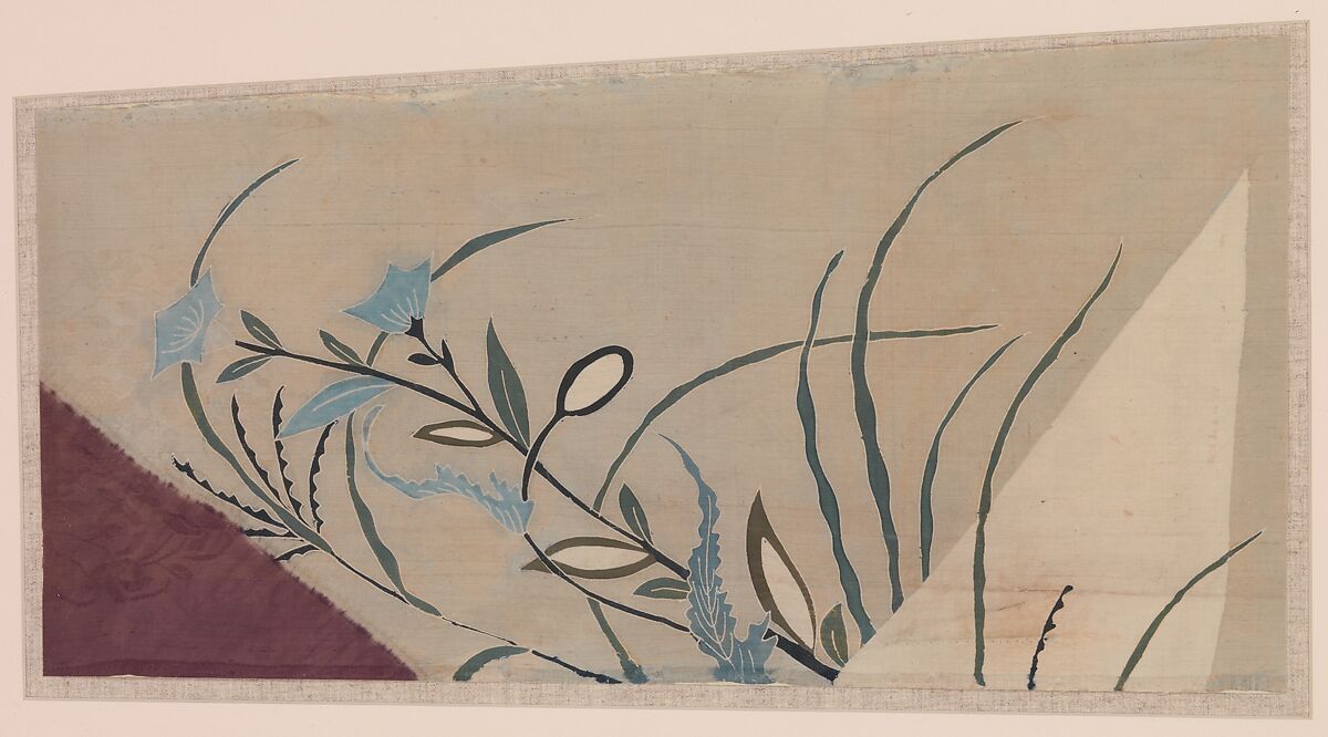 Pieces from a Robe (Kosode) with Autumn Grasses, Stitch- and paste-resist-dyed and painted float-patterned plain-weave silk, Japan