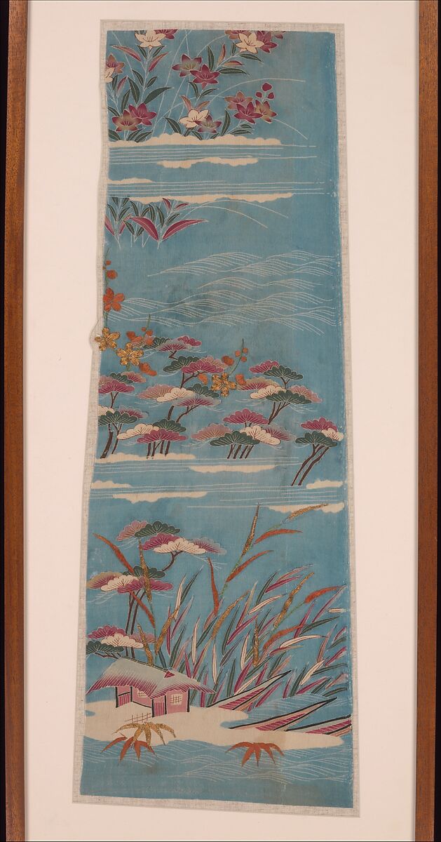 Pieces from a Robe (Kosode) with Islands, Paste-resist dyed and painted silk crepe embroidered with silk and metallic thread , Japan