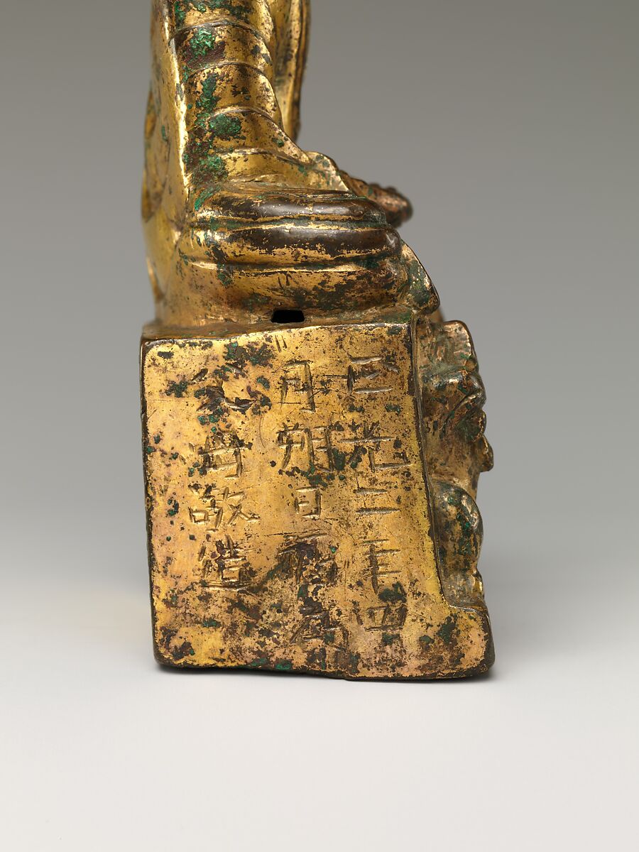 Seated Buddha, probably Shakyamuni (Shijiamouni), Gilt bronze; piece-mold cast, China