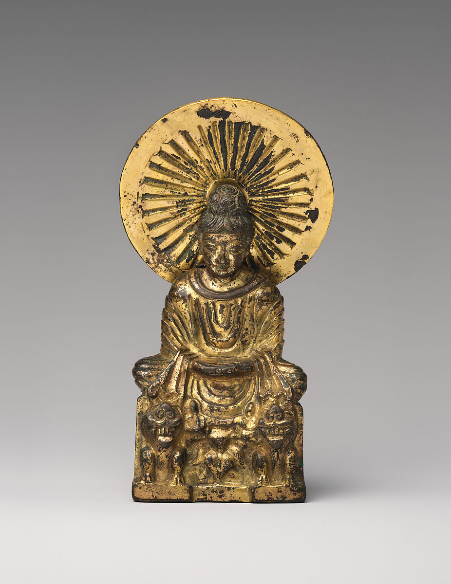 Seated Buddha, probably Shakyamuni (Shijiamouni), Gilt bronze; piece-mold cast, China 
