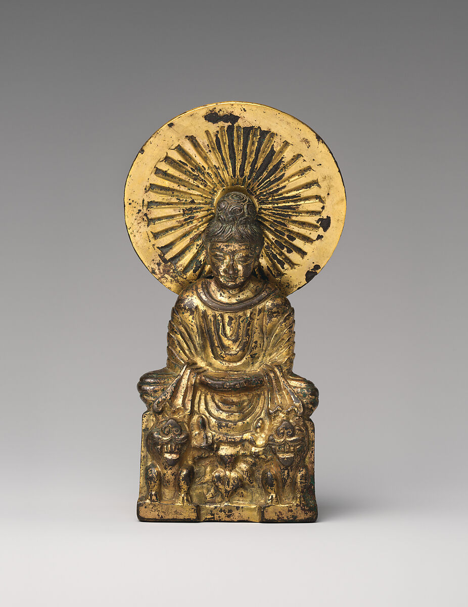 Seated Buddha, probably Shakyamuni (Shijiamouni), Gilt bronze; piece-mold cast, China