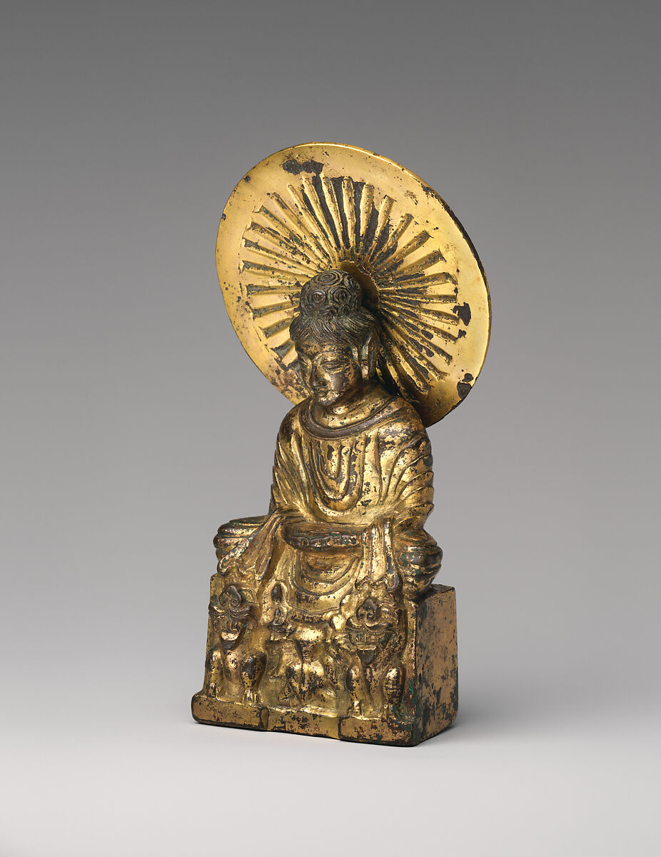 Seated Buddha, probably Shakyamuni (Shijiamouni), Gilt bronze; piece-mold cast, China