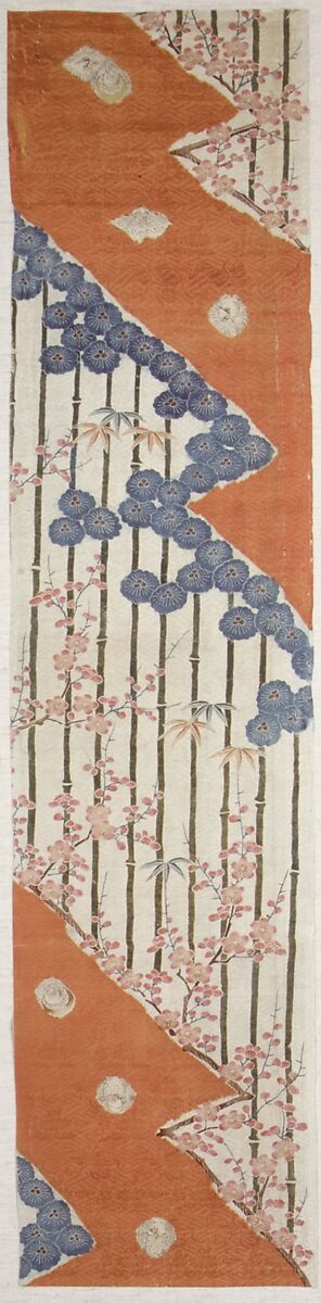 Kosode Fragment, Ground of dye-patterned (somewake) red and white satin damask (rinzu), Japan 