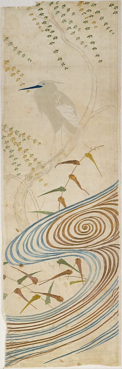 Piece from a Noh Costume (Nuihaku) with Egret (Sagi) and Willow Tree, Embroidered silk satin, Japan 