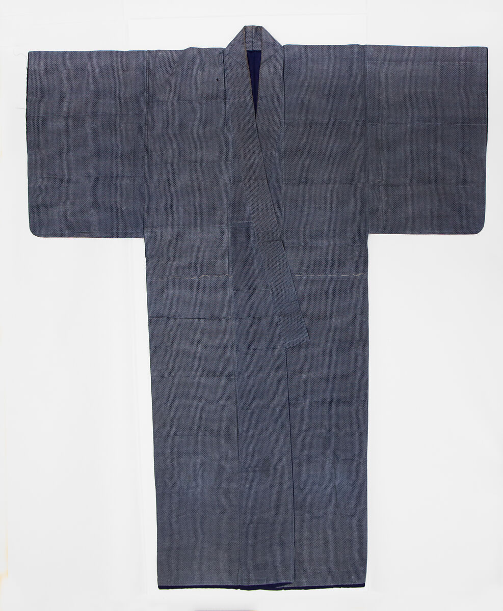 Kosode, Probably resist-dyed with repeating small pattern (komon) in white on gray, Japan 