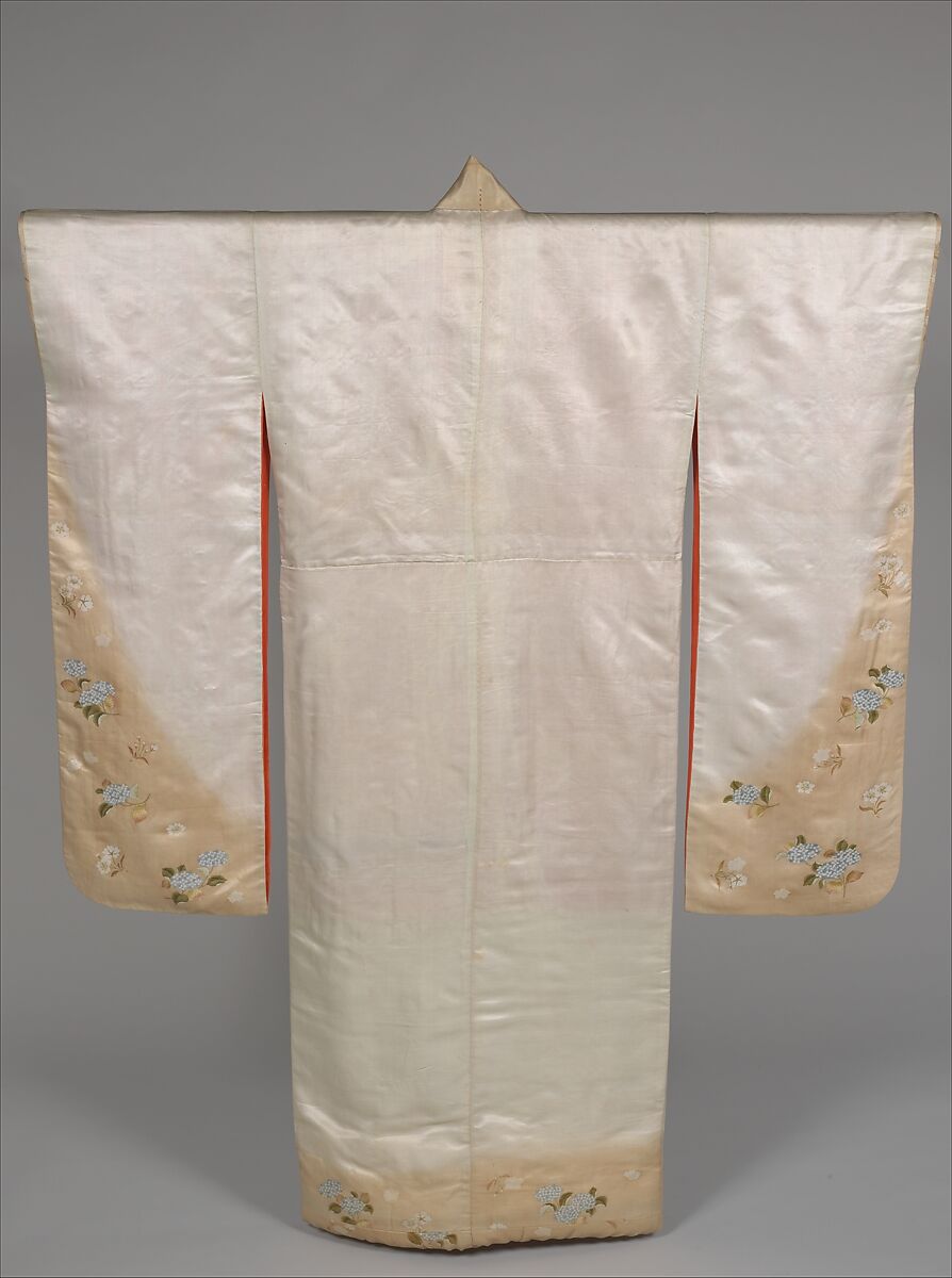 Long-Sleeved Kimono (Furisode) with Hydrangeas and Cherry Blossoms, Resist-dyed and painted silk satin, Japan