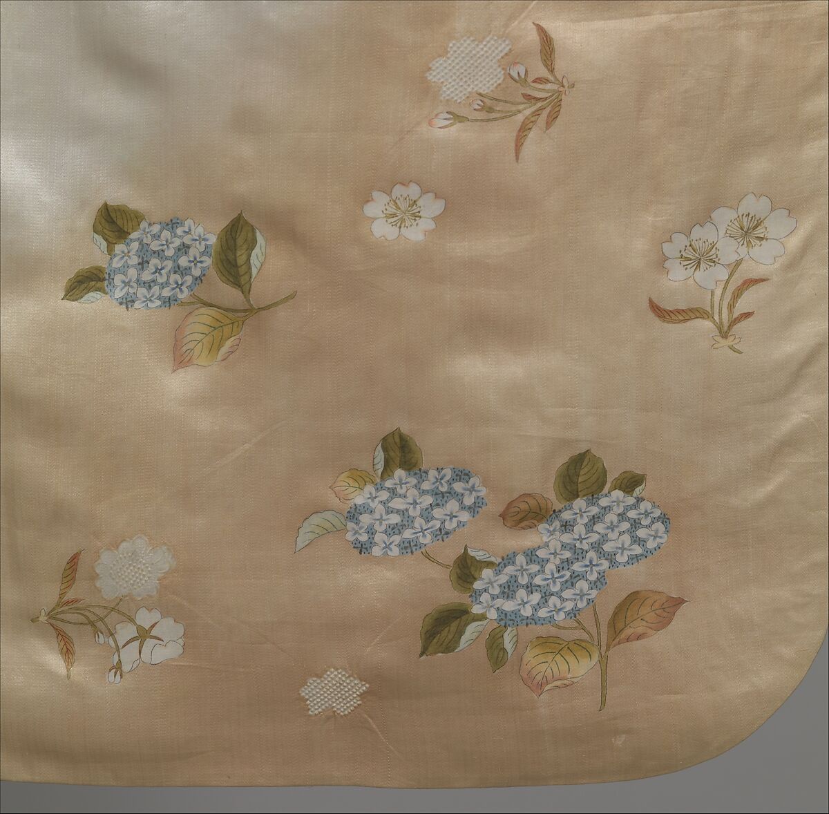 Long-Sleeved Kimono (Furisode) with Hydrangeas and Cherry Blossoms, Resist-dyed and painted silk satin, Japan