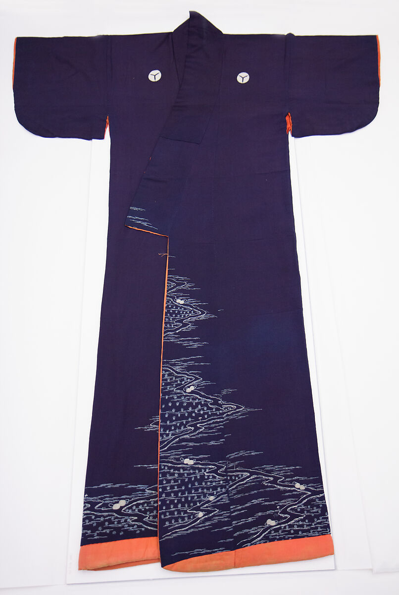 Kosode with Design of Spring Rice Fields, Resist-dyed and painted plain-weave silk crepe, Japan 