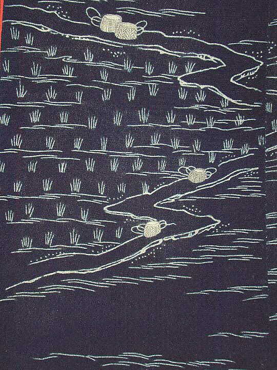 Robe (Kosode) with Spring Rice Fields, Plain-weave silk crepe with resist-dyeing and hand-painting, Japan