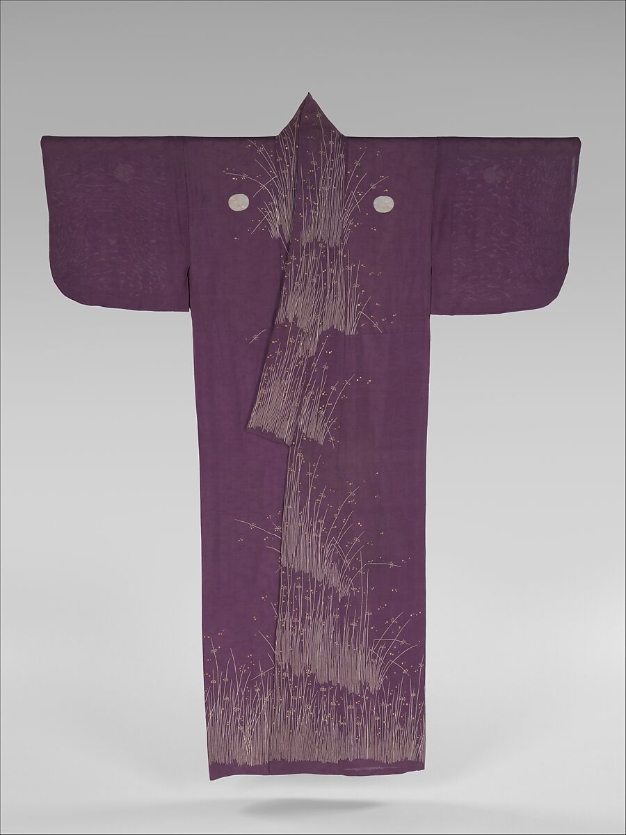 Unlined Kosode (Hitoe) with Grasses and Dewdrops, Resist-dyed plain-weave silk gauze (ro) embroidered with silk and metallic thread, Japan