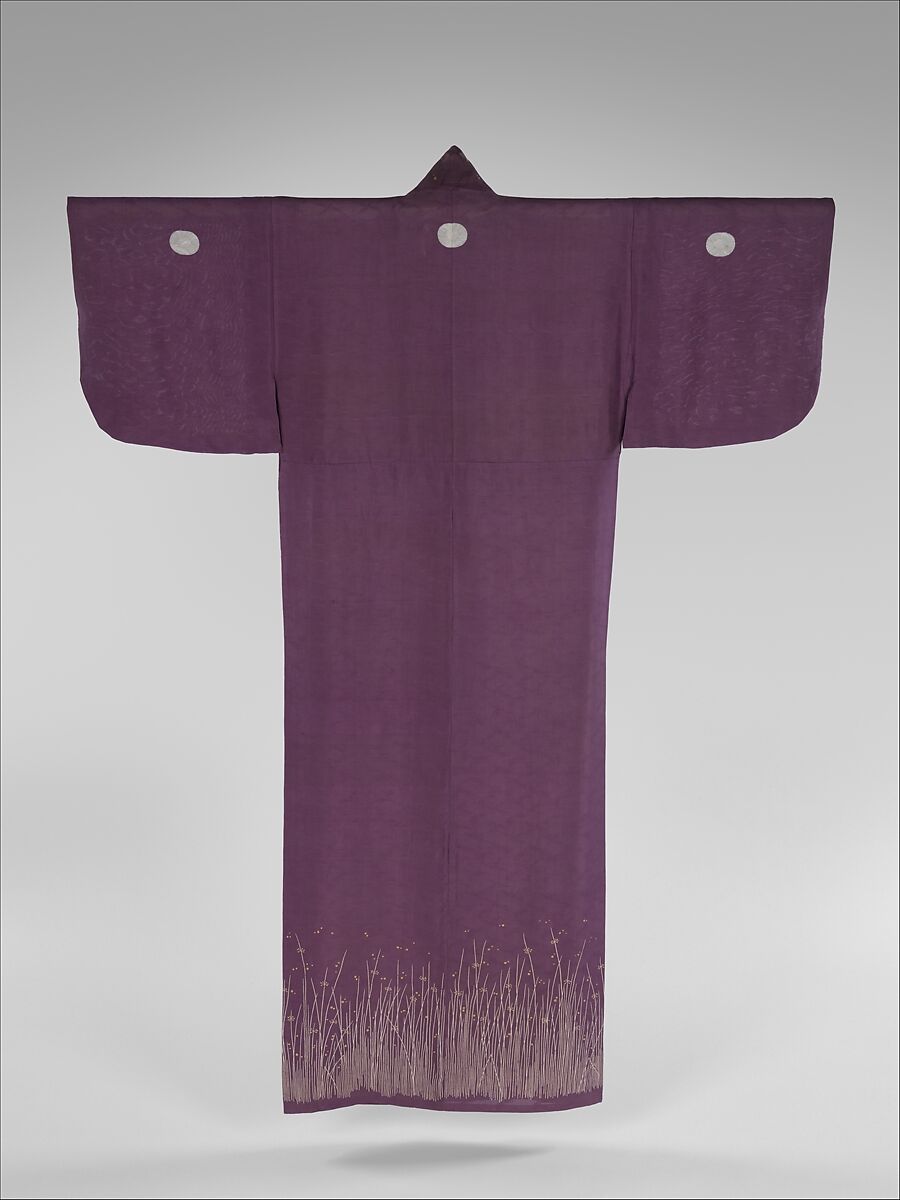 Unlined Kosode (Hitoe) with Grasses and Dewdrops, Resist-dyed plain-weave silk gauze (ro) embroidered with silk and metallic thread, Japan