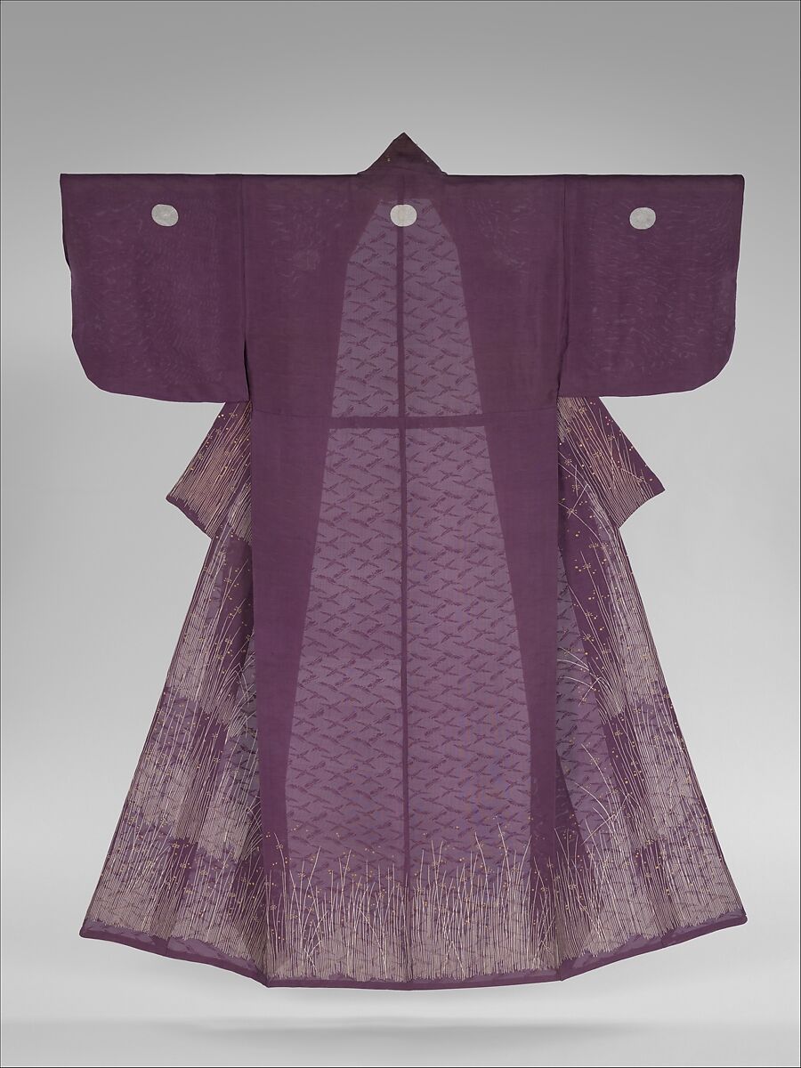 Unlined Kosode (Hitoe) with Grasses and Dewdrops, Resist-dyed plain-weave silk gauze (ro) embroidered with silk and metallic thread, Japan 
