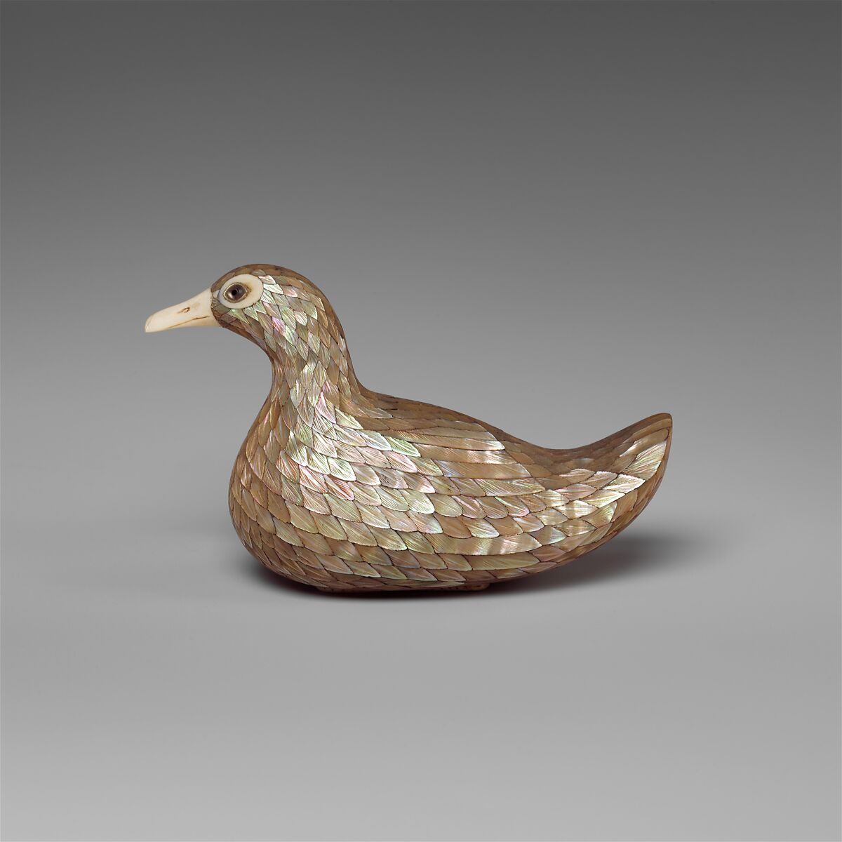 One of a Pair of Boxes in the Shape of Ducks, Wood with mother-of-pearl, ivory, and glass, China 