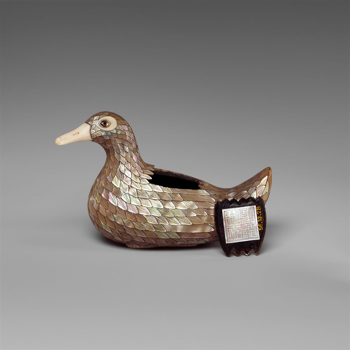 One of a Pair of Boxes in the Shape of Ducks, Wood with mother-of-pearl, ivory, and glass, China