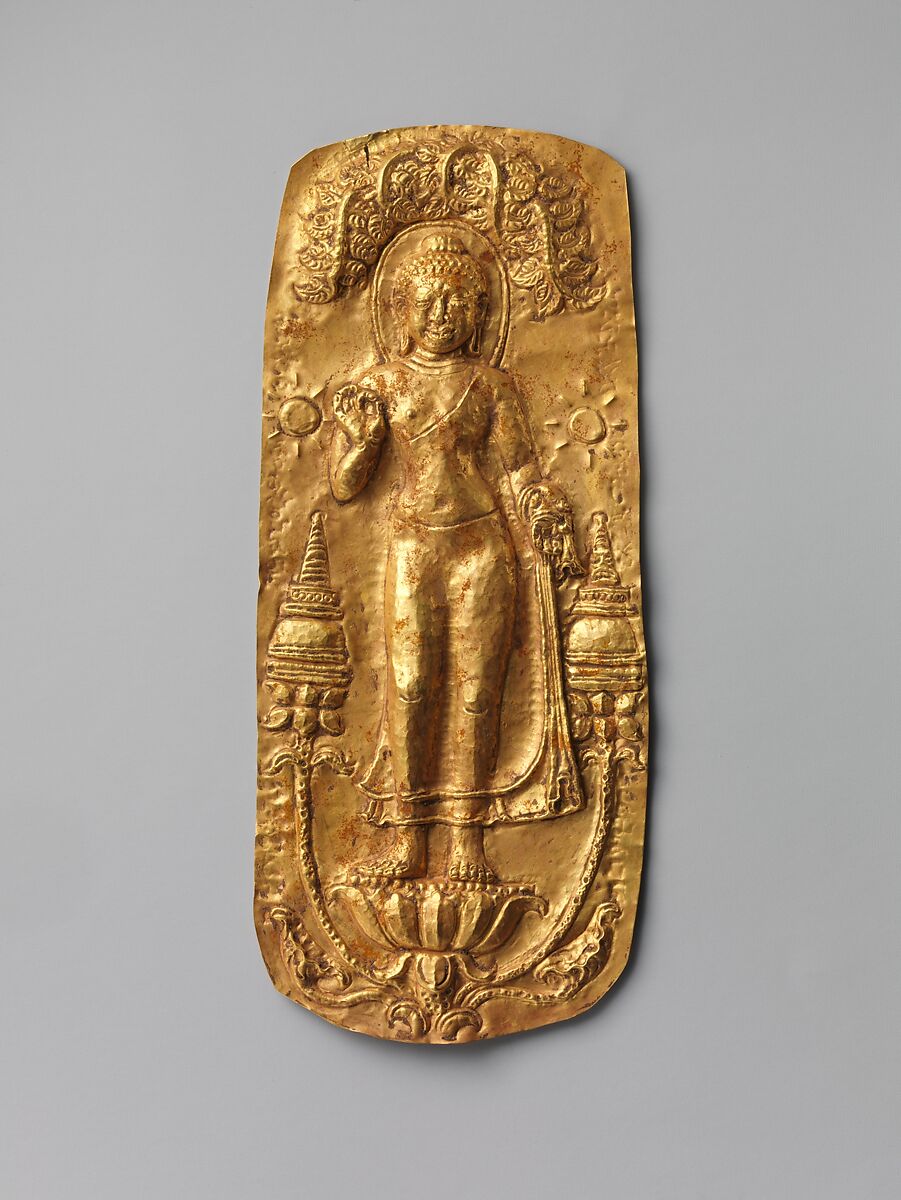 Plaque with Standing Buddha, Gold sheet, repoussé and chased, Thailand 