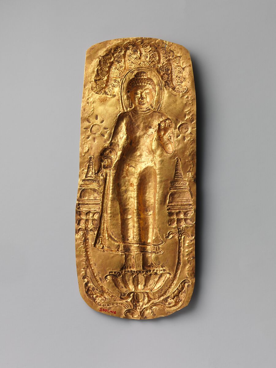 Plaque with Standing Buddha, Gold sheet, repoussé and chased, Thailand