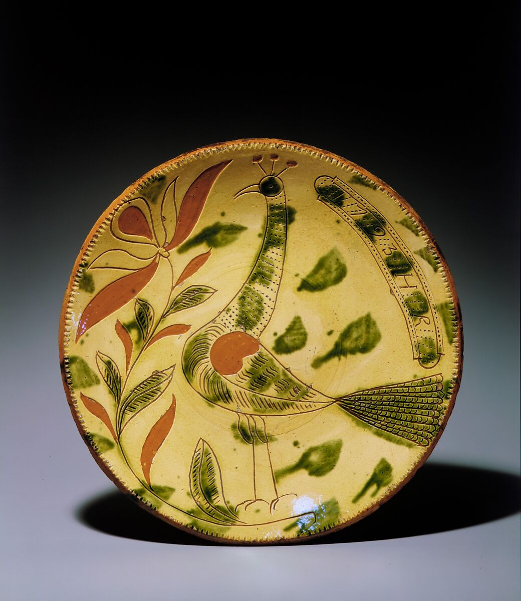 Plate, Possibly Heinrich Roth (active ca. 1790–1810), Earthenware; Redware with sgraffito decoration, American