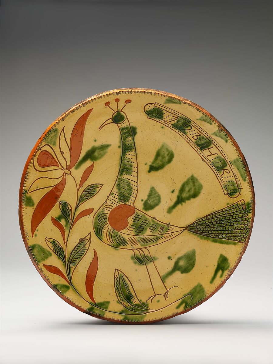 Plate, Possibly Heinrich Roth (active ca. 1790–1810), Earthenware; Redware with sgraffito decoration, American 