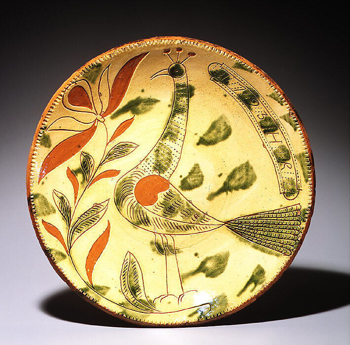 Plate, Possibly Heinrich Roth (active ca. 1790–1810), Earthenware; Redware with sgraffito decoration, American