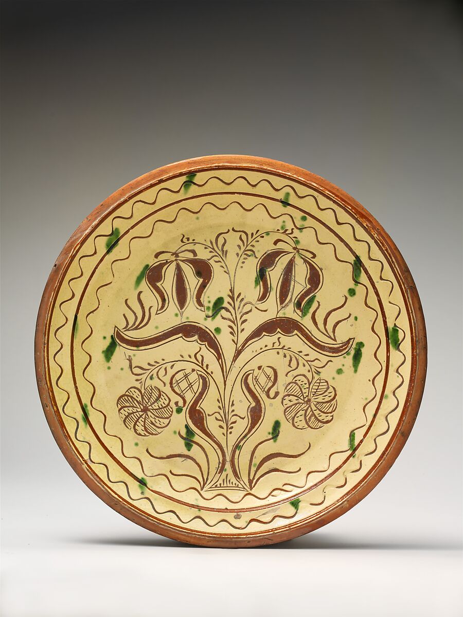 Plate, Possibly Conrad Mumbouer (1761–1845), Earthenware; Redware with sgraffito decoration, American 