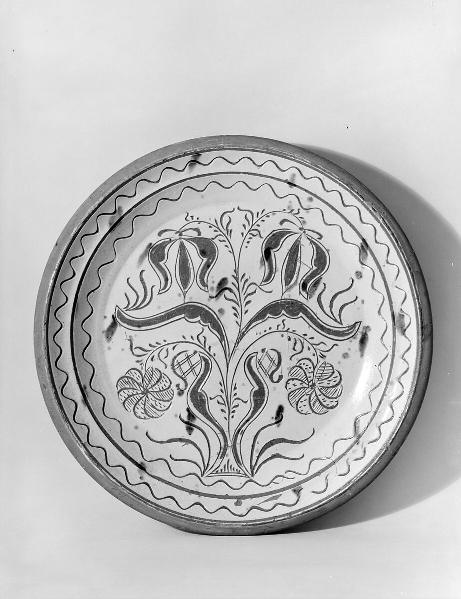 Plate, Possibly Conrad Mumbouer (1761–1845), Earthenware; Redware with sgraffito decoration, American