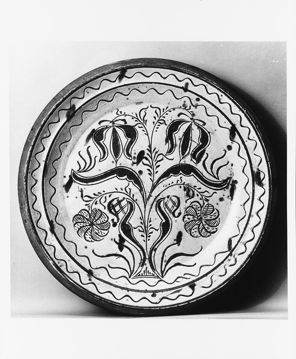 Plate, Possibly Conrad Mumbouer (1761–1845), Earthenware; Redware with sgraffito decoration, American