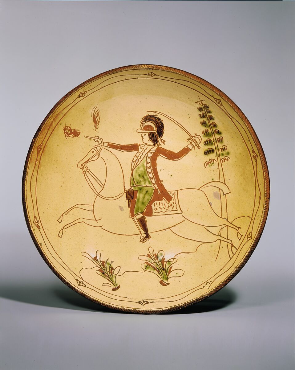 Plate, Attributed to David Spinner (1758–1811), Earthenware; Redware with sgraffito decoration, American